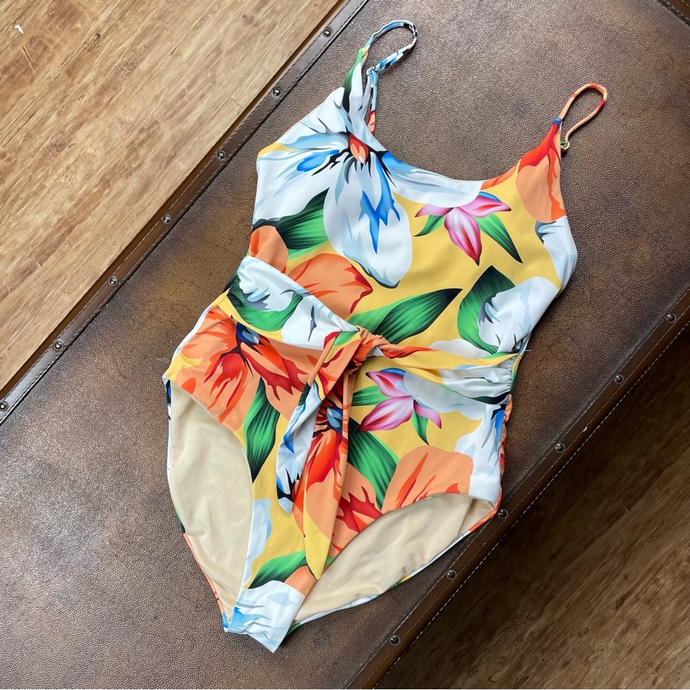 Red Dress Palms Away Tropical Floral Print One Piece Swimsuit. SZ:S.